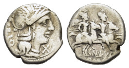 Cn. Lucretius Trio, Rome, 136 BC. AR Denarius (17,5mm, 3.7g). Helmeted head of Roma r.; TRIO behind, denomination mark before, R/ Dioscuri on horsebac...