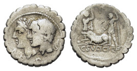 C. Sulpicius. 106 BC. Rome.C.f. AR Denarius (19mm, 3.6g). Laureate heads of the Dei Penates conjoined left, D.P.P. before. R/ Two soldiers swearing oa...