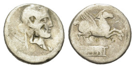 Q. Titius, Denarius,Rome, 90 BC, AR, (16,5mm, 3.7g). Head of Liber r., wearing ivy wreath, R/. Pegasos r.; below, Q TITI in linear frame. Crawford 341...