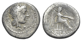 M. Cato, Rome, 89 BC. AR Quinarius (14mm, 1.87g, 6h). Head of Liber r., wearing ivy wreath; serpent below. R/ Victory seated r. on throne, holding pal...