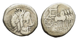 L. Rubrius Dossenus, Rome, 87 BC. AR Denarius (17mm, 3.50g). Laureate head of Jupiter r.; sceptre behind. R/ Triumphal chariot r. Crawford 348/1; RBW ...