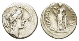 Man. Acilius Glabrio, Rome, 49 BC. AR Denarius (17,8mm, 3.7g). Laureate head of Salus r. R/ Salus standing l. against column, holding serpent. Crawfor...