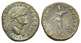 Vespasian (69-79). Paduan Æ As (25mm, 8.4g) Rome. IMP CAES VESPASIAN AVG COS III, Laureate head r. R/AEQVITAS AVGVSTI, Aequitas standing l., holding s...