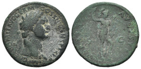 Domitian (81-96). Æ As (28.5mm, 11.82g, 6h). Rome, AD 87. Laureate head r. R/ Virtus standing r., with foot on helmet, holding spear and parazonium. R...