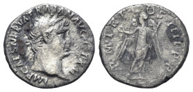 Trajan (98-117). AR Denarius (18mm, 2.77g, 6h). Rome, AD 102. Laureate head r. R/ Victory standing r., head l., holding wreath and palm frond. RIC II ...