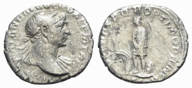 Trajan (98-117). AR Denarius (19mm, 2.38g, 6h). Rome, c. AD 110. Laureate bust r., slight drapery. R/ Dacian standing l., hands bound in front of him;...