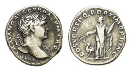 Trajan (98-117). AR Denarius (18 mm, 3 g). Rome, AD 103-111. Laureate bust r, drapery on far shoulder, R/ Arabia standing l., holding a branch and a b...