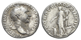 Trajan (98-117). AR Denarius (18mm, 3.02g, 6h). Rome, c. 104-107. Laureate bust r., slight drapery on l. shoulder. R/ Annona standing l., holding grai...