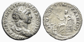 Trajan (98-117). AR Denarius (18mm, 2.05g, 6h). Rome, c. 106-111. Laureate, draped, and cuirassed bust r. R/ Pax seated l., holding branch and sceptre...