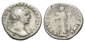 Trajan (98-117). AR Denarius (18mm, 2.96g, 6h). Rome, 108-9. Laureate bust r., drapery on l. shoulder. R/ Aequitas standing l., holding scales and cor...