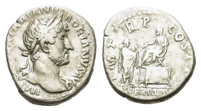 Hadrian (117-138). AR Denarius (16.5mm, 3.3g). Rome. Laureate head r. R/ Hadrian...