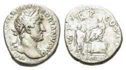 Hadrian (117-138). AR Denarius (16.5mm, 3.3g). Rome. Laureate head r. R/ Hadrian seated l. on curule chair set on daïs, extending hand to citizen stan...