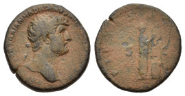 Hadrian (117-138). Orichalcum sestertius Æ (30mm, 12g). Rome, AD 120-122. IMP CAESAR TRAIAN HADRIA-NVS AVG P M TR P COS II, laureate "heroic" bust of ...