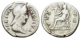 Sabina (Augusta, 128-136). AR Denarius (16,7mm, 3g). Rome. Diademed and draped bust r. R/ Vesta seated l. RSC 78a; cf. RIC 397a for aureus of this typ...