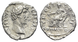 Aelius (Caesar, 136-138). AR Denarius (17mm, 2.52g, 6h). Rome. Bare head r. R/ Concordia seated l., holding patera, resting elbow on cornucopia. RIC I...