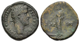 Antoninus Pius (138-161). Æ Sestertius, Rome, AD 145-147. Laureate head r. R/ Pax standing l., setting fire to pile of arms with torch and holding cor...