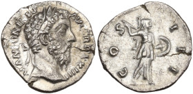 Marcus Aurelius (161-180). AR Denarius (17,8 mm, 2,33 g). Rome, AD 169-170. Laureate head r. R/ Minerva standing r., hurling javelin and holding shiel...