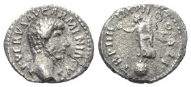 Lucius Verus (161-169). AR Denarius (18mm, 2.30g, 6h). Rome, 163-4. Bare head r. R/ Victory standing l. on globe, holding wreath and palm frond. RIC I...