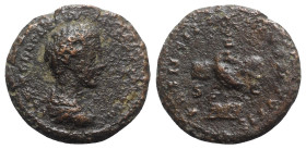 Commodus (Caesar, 166-177). Æ As (26mm, 11.30g, 12h). Rome, AD 176. Bareheaded and draped bust r. R/ Clasped hands holding aquila on prow. RIC III 154...