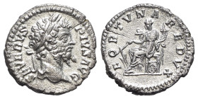 Septimius Severus (193-211). AR Denarius (18.5mm, 2.76g, 12h). Rome, 202-3. Laureate head r. R/ Fortuna seated l., holding rudder and cornucopia; whee...