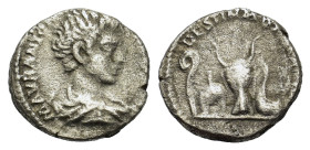 Caracalla (Caesar, 196-198). AR Denarius (16,5mm, 2.5g). Rome, 196-198. Bareheaded and draped bust r. R/ Lituus, apex, bucranium, and simpulum. RIC IV...