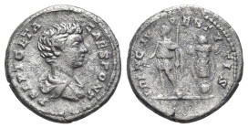 Geta (Caesar, 198-209). AR Denarius (19mm, 2.39g, 12h). Rome, 200-5. Bareheaded and draped bust r. R/ Geta standing l., holding baton and sceptre; tro...