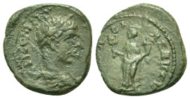 Elagabalus (218-222). Æ Limes Denarius (18,5mm, 3.72g). Laureate draped bust r. R / Liberalitas standing holding abacus and cornucopiae. Cf. RIC 100.