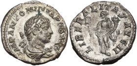 Elagabalus (218-222). AR Denarius (18,6 mm, 2,6 g). Rome, AD 219. Laureate and draped bust r. R/ Liberalitas standing l. holding abacus and resting l....
