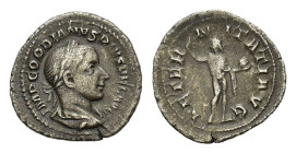 Gordian III (238-244). AR Denarius (20 mm, 3 g). Rome, 241-243. Laureate, draped and cuirassed bust r. R/ Sol standing r., head l., raising hand and h...