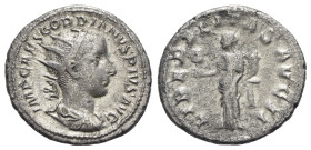 Gordian III (238-244). AR Antoninianus (22mm, 4.08g, 12h). Rome, 239-240. Radiate, draped, and cuirassed bust r. R/ Liberalitas standing l., holding a...