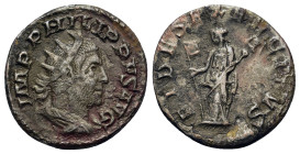 Philip I Arabs (244-249). AR Antoninianus (20 mm, 3.80 g). Rome. IMP PHILIPPVS AVG, Radiate, draped and cuirassed bust to right. R/ FIDES EXERCITVS, F...