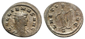 Gallienus (253-268). Antoninianus (23mm, 3.36g, 6h). Mediolanum, 262-3. Radiate bust r., slight drapery. R/ Laetitia standing l., holding wreath and a...