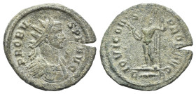 Probus (276-282). Radiate (23mm, 3.76g, 6h). Rome, AD 281. Radiate and cuirassed bust r. R/ Jupiter standing l., holding thunderbolt and sceptre; R-th...