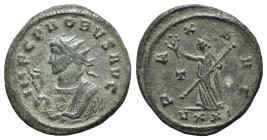 Probus (276-282). Radiate (22mm, 3.73g, 6h). Ticinum, AD 281. Radiate bust l. in imperial mantle, holding sceptre surmounted by eagle. R/ Pax standing...