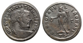 Diocletian (284-305). Æ Follis (27mm, 9.64g, 6h). Thessalonica, c. 302-3. Laureate head r. R/ Genius standing l., holding patera and cornucopia; Γ//•T...