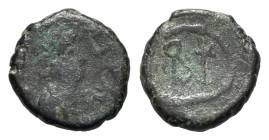 Anastasius I (491-518). Æ Nummus (10mm, 0.95g, 12h). Constantinople, 491-498. Diademed, draped and cuirassed bust r. R/ Monogram of Anastasius. MIBE 4...