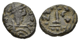 Justinian I (527-565). Æ 10 Nummi (14mm, 1.49g, 1h). Contemporary imitation. Diademed, draped, and cuirassed bust r. R/ Large I; A/N/N/O to l., cross ...