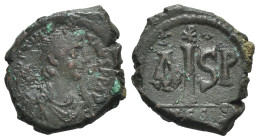 Justinian I (527-565). Æ 16 Nummi (24mm, 7.81g, 6h). Thessalonica, 552-562. Diademed, draped and cuirassed bust r. R/ Large IS; Christogram above, AP ...