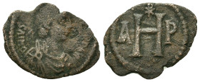 Justinian I (527-565). Æ 8 Nummi (21,8mm, 1.85g). Thessalonica, AD 552-562. Diademed, draped and cuirassed bust r. R/ Large H between A and P; above, ...