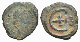 Justinian I (527-565). Æ 5 Nummi (16mm, 1.66g, 12h). Theoupolis (Antioch), 529-539. Diademed and draped bust r. R/ Large E with cross; B to r. MIBE 14...