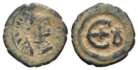 Justinian I (527-565). Æ 5 Nummi (16.5mm, 2.24g, 6h). Theoupolis (Antioch), c. 546-551. Diademed, draped and cuirassed bust r. R/ Large Є with central...