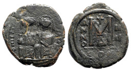 Justin II and Sophia (565-578). Æ 40 Nummi (29mm, 12.43g, 6h). Constantinople, year 4 (568/9). Nimbate figures of Justin and Sophia seated facing on d...