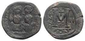 Justin II and Sophia (565-578). Æ 40 Nummi (29mm, 14.93g, 6h). Constantinople, year 2 (566/73). Nimbate figures of Justin and Sophia seated facing on ...