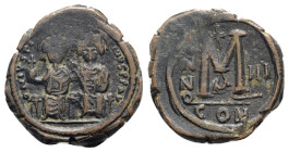 Justin II and Sophia (565-578). Æ 40 Nummi (30mm, 14.25g, 1h). Constantinople, year 3 (567/84). Nimbate figures of Justin and Sophia seated facing on ...