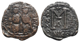 Justin II and Sophia (565-578). Æ 40 Nummi (30mm, 10.25g, 12h). Nicomedia, year 5 (569/70). Justin and Sophia seated facing on double throne, holding ...