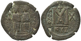 Justin II and Sophia (565-578). Æ 40 Nummi (27,41 mm, 9,73 g). Cyzicus, year 10 (AD 574/5). Justin, holding globus cruciger, and Sophia, holding cruci...