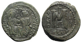 Justin II and Sophia (565-578). Æ 40 Nummi (31mm, 14.84g, 6h). Theoupolis (Antioch), year 7 (571/2). Nimbate figures of Justin and Sophia seated facin...