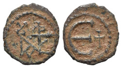 Justin II (565-578). Æ 5 Nummi (15mm, 1.37g, 12h). Theoupolis (Antioch). Monogram. R/ Large Є; cross to r. MIBE 65a; DOC 186; Sear 386. Good Fine - ne...