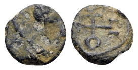 Justin I (518-527). Æ Nummus (9mm, 0.70g, 12h). Diademed, draped and cuirassed bust r. R/ Monogram. MIBE NN67; Sear 387 (Justin II). Rare, Good Fine /...