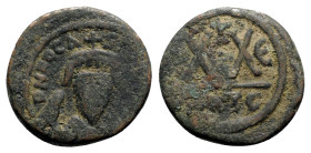 Phocas (602-610). Æ 20 Nummi (23mm, 6.553g, 12h). Carthage, year 5 (606/7). Crowned bust facing, wearing consular robes and holding mappa and crucifor...